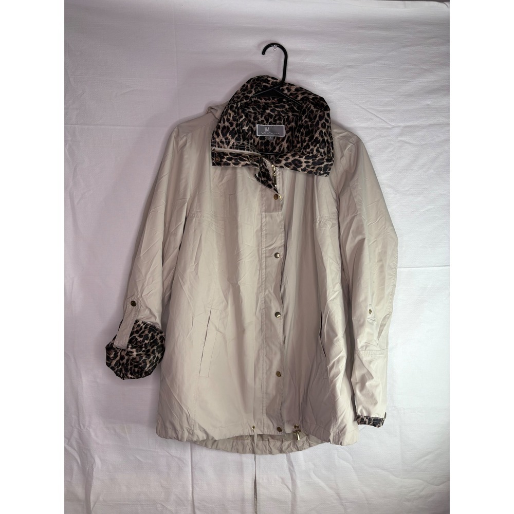 JM Collection Womens Tan Hooded Anorak Jacket Leopard Print Trim Small